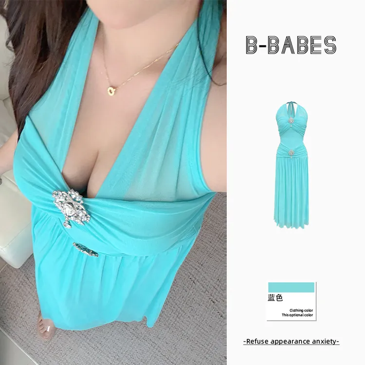 B-babes【夏夜荧光】法式气质名媛挂脖连衣裙高级轻奢网纱收腰裙