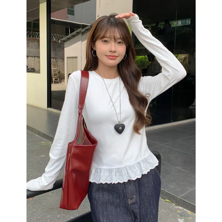 尔给初秋设计感长袖T恤女百搭显瘦修身收腰打底蕾丝花边拼接上衣