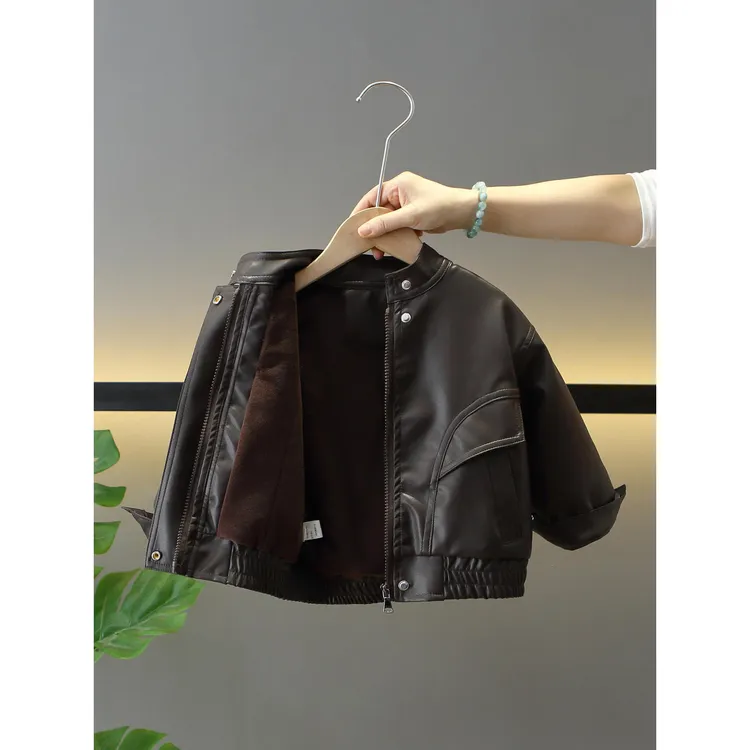 男童冬季皮衣外套2025新款宝宝冬装加绒PU皮上衣儿童洋气时髦夹克