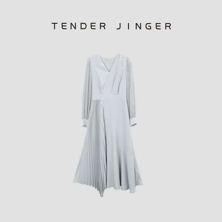 Tender Jinger【专柜】真丝袖V领压褶连衣裙T51CZ80129