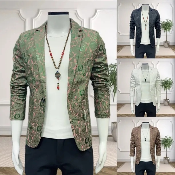 提花男士修身西服2025秋季新品时尚百搭休闲潮流痞帅男西服外套