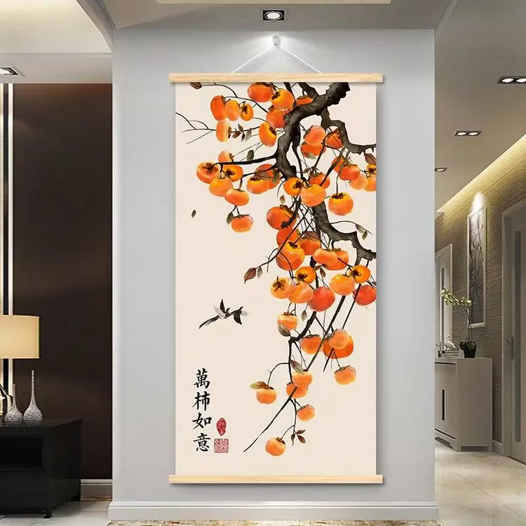 柿柿如意新中式玄关装饰挂画免打孔实木手工带美好寓意