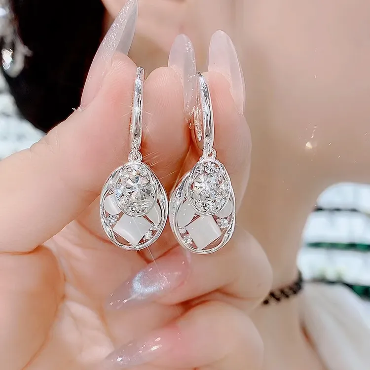 铜合金合成锆石耳饰 337-精致白色灵动韩版优雅知性满锆耳环