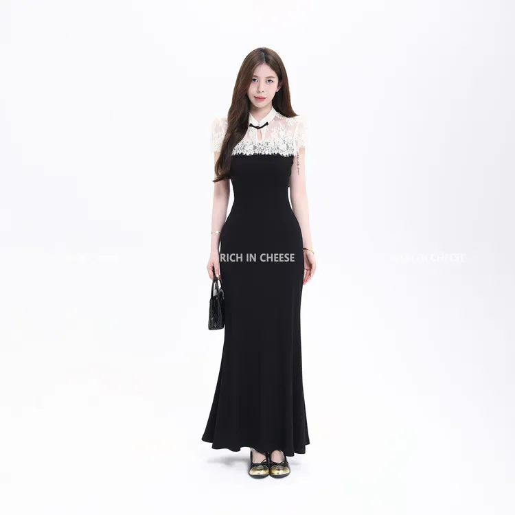 舒胡蕾 如梦令 设计感新中式蕾丝撞色拼接针织收腰长款连衣裙