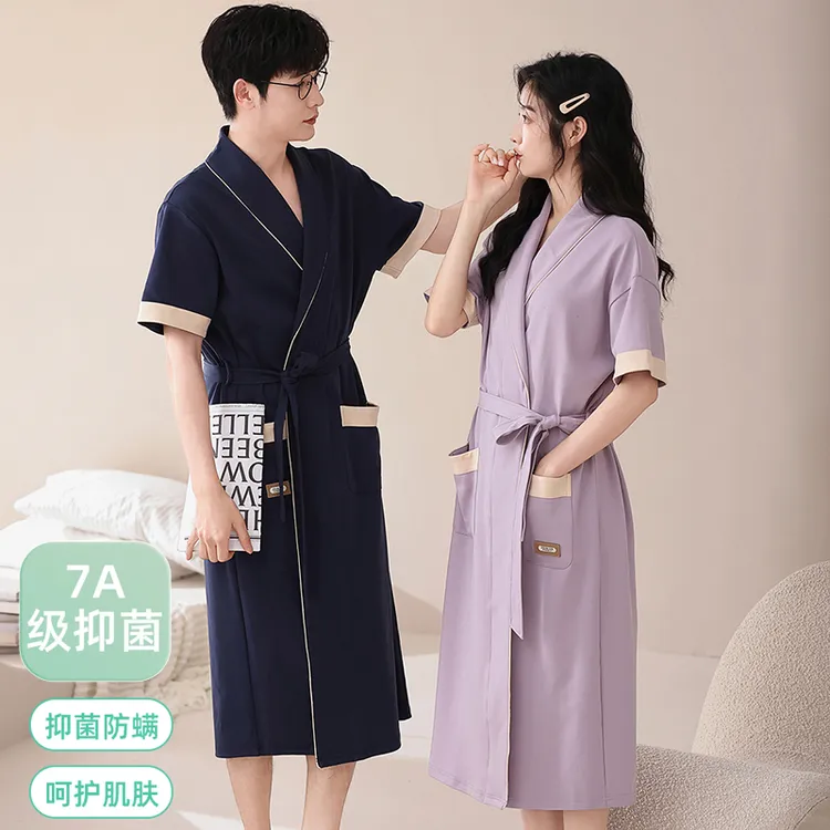 芬腾可安情侣睡衣夏季纯棉短袖睡袍休闲高级感家居服男女薄款浴袍