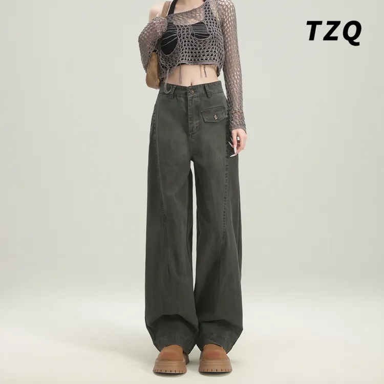 军绿色工装牛仔裤子女款爆款2025新款秋季高腰显瘦百搭宽松弯刀裤