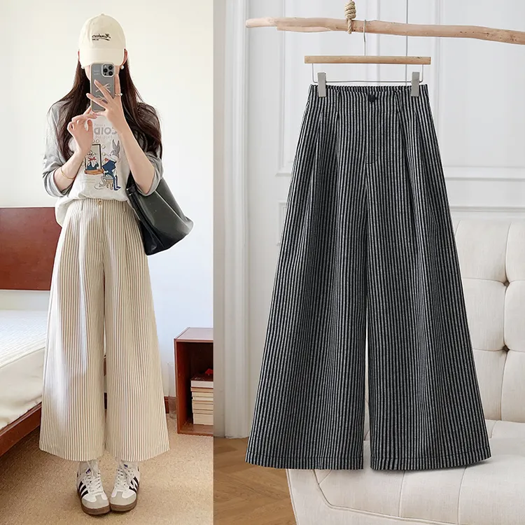 棉麻阔腿裤女小个子春夏季新款复古休闲宽松撞色亚麻条纹九分裙裤