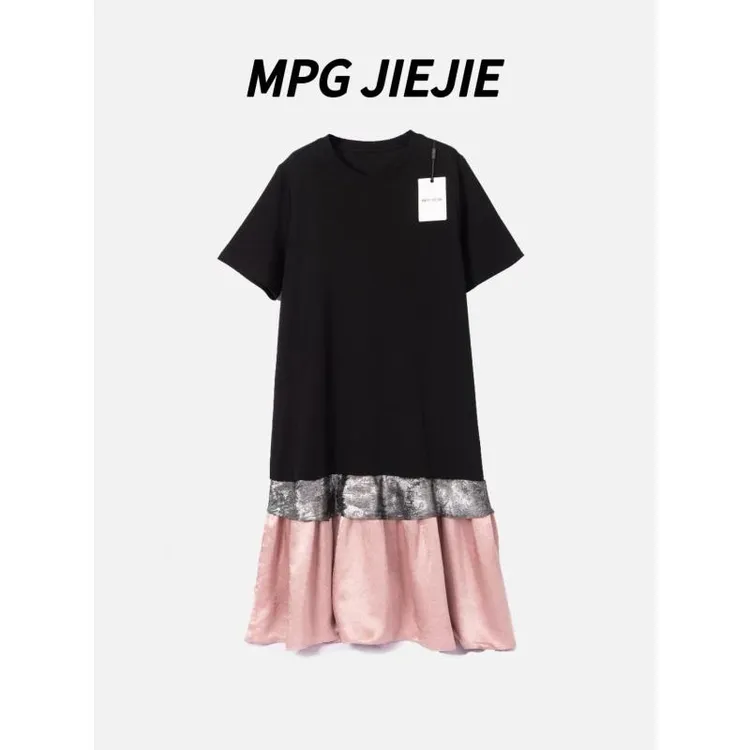MPG JIEJIE【金粉世家】26春夏蕾丝时尚休闲夏季黑色圆领拼接连衣裙