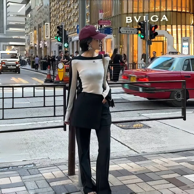 2025早秋新款气质复古休闲时尚撞色拼接显瘦针织打底衫女外穿上衣