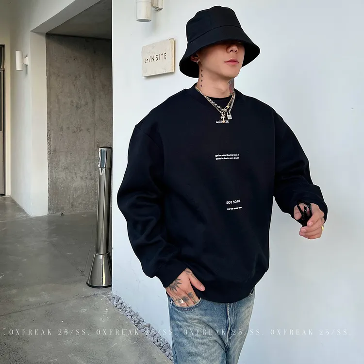 OXFREAK「横排字母印花」500g重磅黑色卫衣男短款宽松boxy情侣装