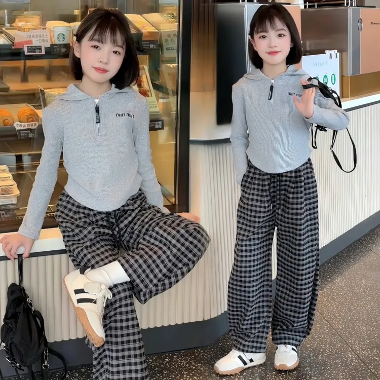 女童套装2025秋季新款洋气休闲连帽上衣中大童格子阔腿裤两件套潮