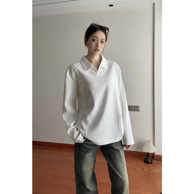 白色POLO衫长袖T恤男款秋季情侣正肩卫衣美式cleanfit内搭打底衫
