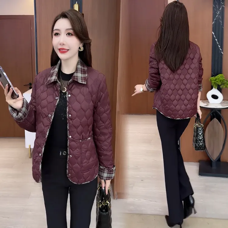 时尚棉服女2025秋冬新款小个子洋气宽松显瘦拼接翻领菱格加厚外套