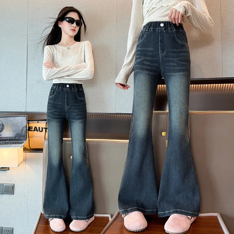 女童牛仔裤秋冬季洋气2025新款时尚儿童裤子中大童加绒加厚喇叭裤