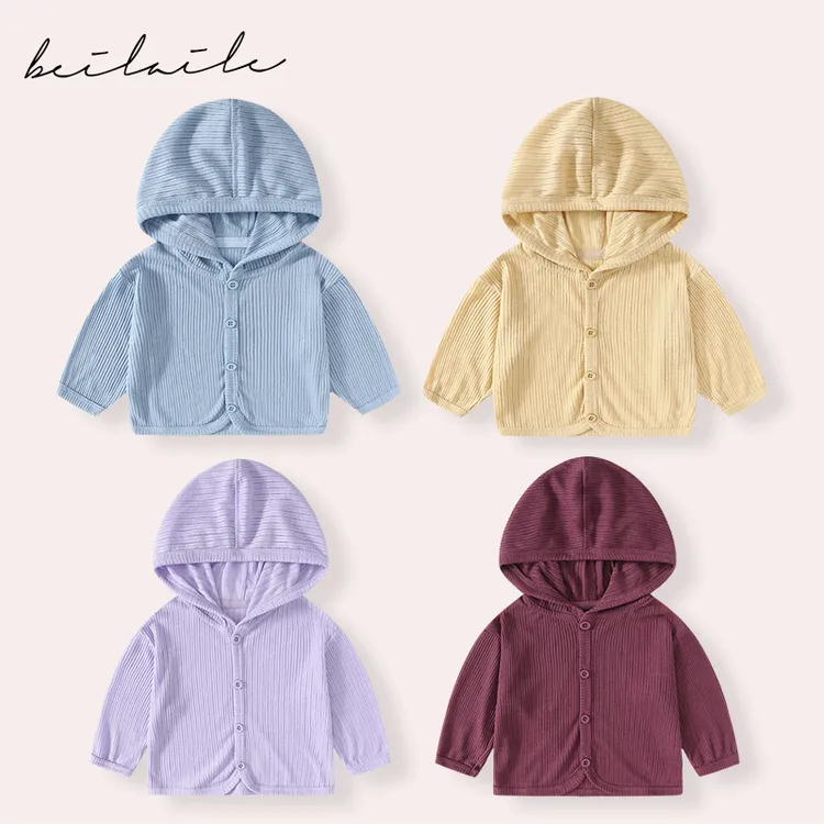 【带帽坑条外套 小乐妈咪】夏季薄款小开衫婴儿空调长袖衫外套B14