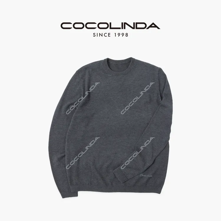 COCOLINDA | 精纺羊毛14针四季小领口灰色亲肤圆领长袖T恤  S650