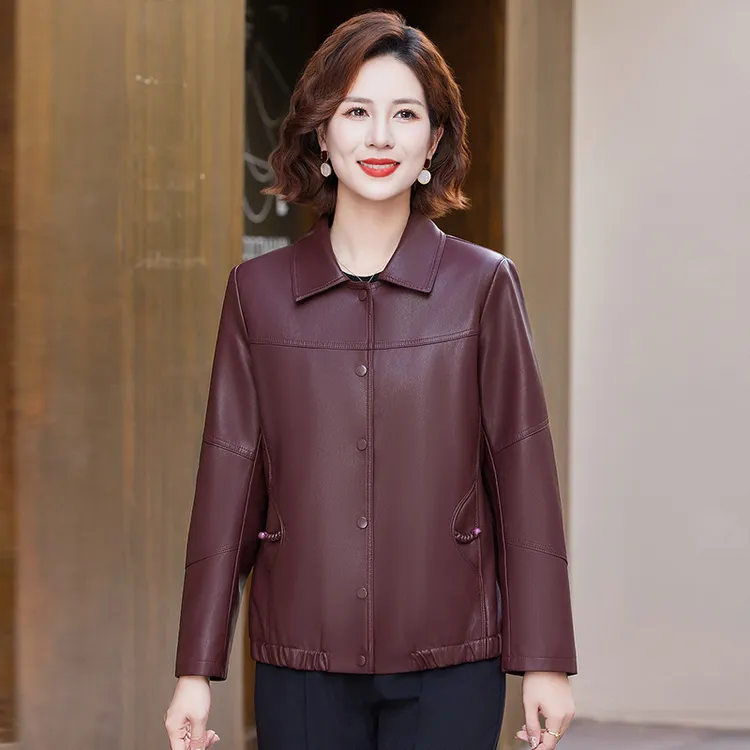 气质妈妈春秋装外套中年女翻领PU皮衣中老年秋冬时尚短款夹克上衣