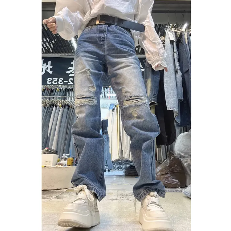 蓝色牛仔裤女士2025年春季新款爆款裤子显瘦破洞宽松时尚直筒裤