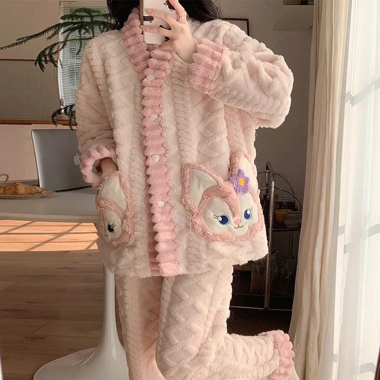 珊瑚绒睡衣女款冬季加绒加厚法兰绒卡通少女秋冬款家居服两件套装