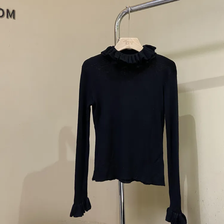 涵儿家 秋冬设计感木耳边拼接立领毛衣打底-8016