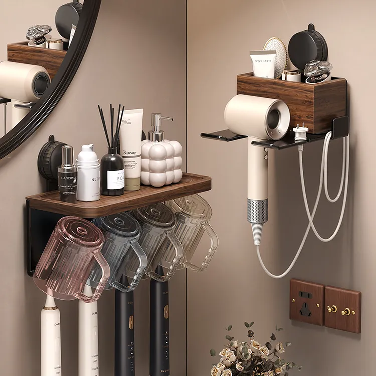 吸盘牙刷置物架胡桃木中古风壁挂刷牙杯卫生间免打孔电动牙刷架子