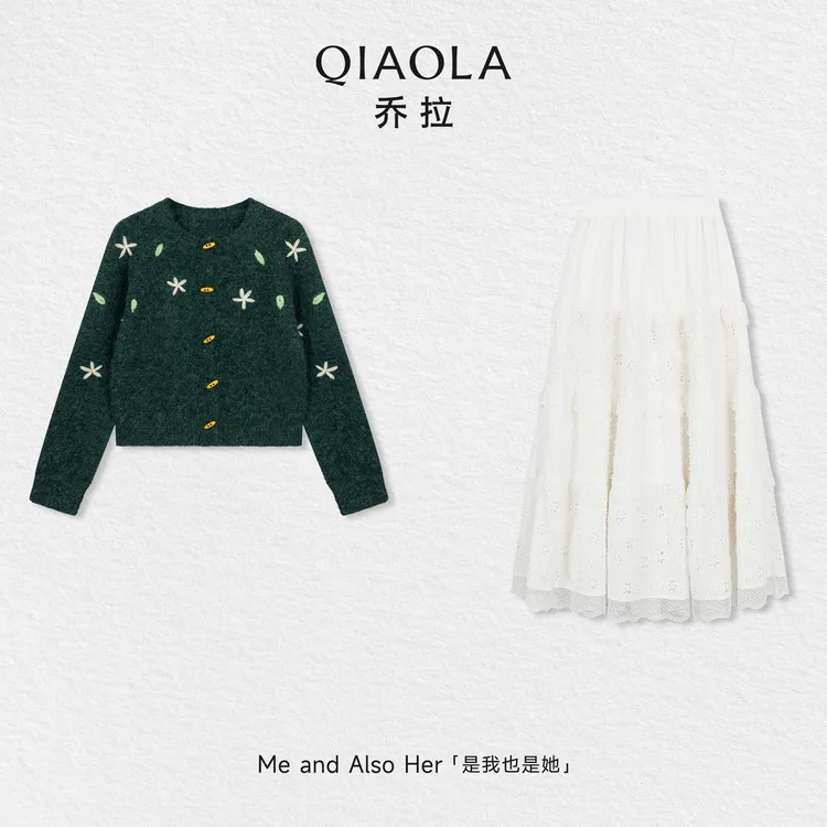 QIAOLA/乔拉【旷野呼吸】秋冬羊毛立体花朵刺绣绿色开衫半裙套装