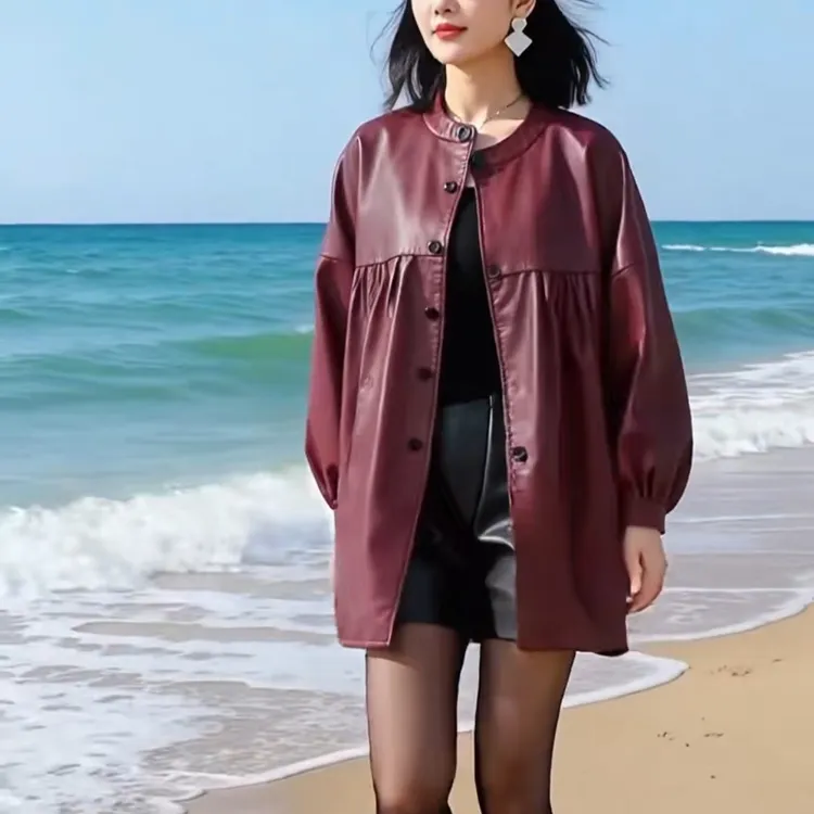 朋克风中长款欧美风冬季圆领油腊牛皮皮衣女士上衣温婉风港风