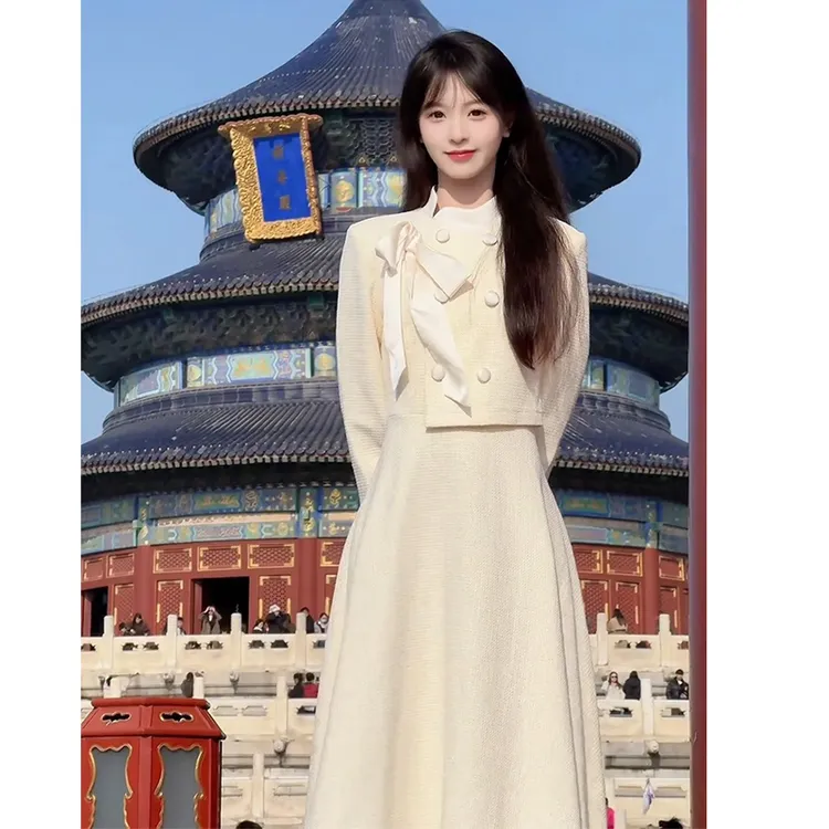 2025秋季新款法式千金小香风连衣裙蝴蝶结假二件套装礼服长裙子女