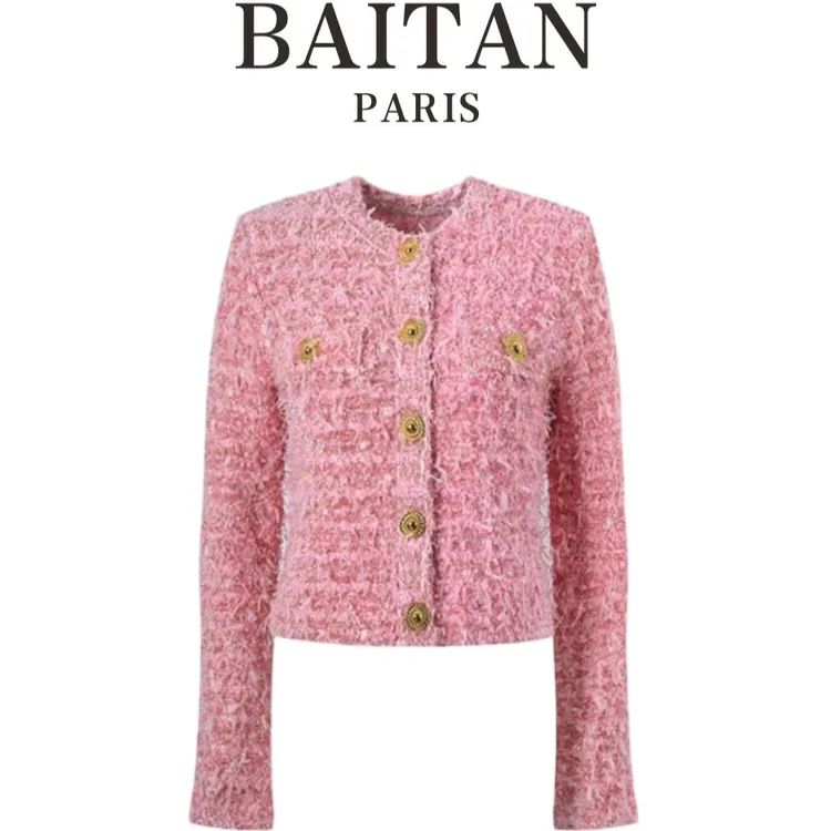 2024年秋冬新款巴家名媛小香风粉色流苏圆领长袖针织毛呢上衣外套