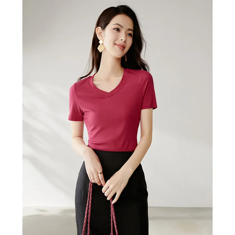 晚白【新品】2025春夏款上衣V领弹力T恤女25010608