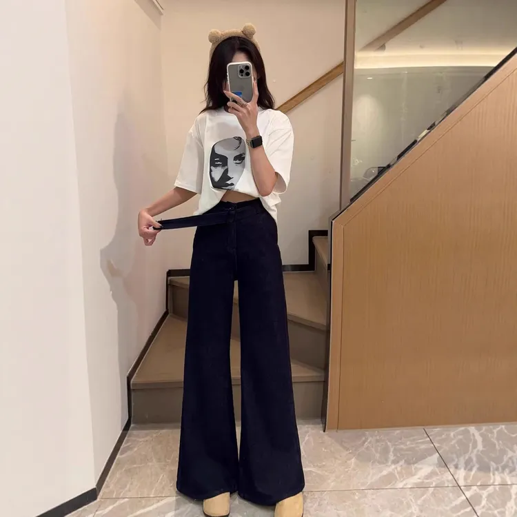 2559#黑金蓝弹力春秋季高腰百搭休闲显瘦牛仔裤水洗喇叭阔腿女裤