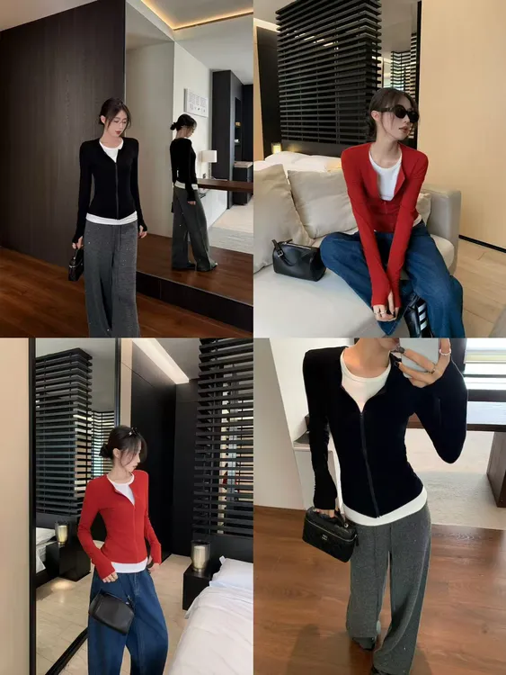 美式复古风拼接撞色假两件修身收腰拉链款长袖上衣外套女秋上新款