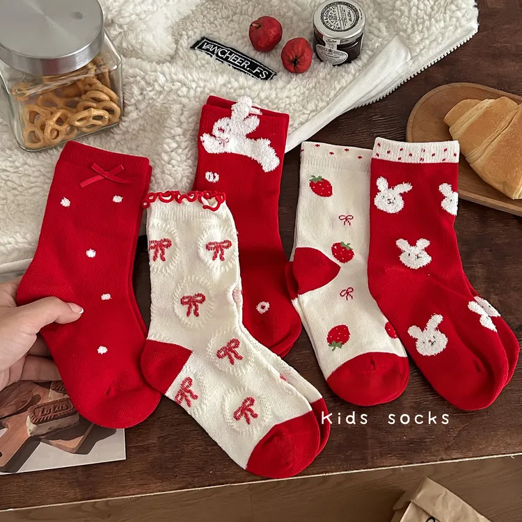 儿童氛围感新年袜秋冬棉袜男女童红色中筒袜宝宝本命年大红新年袜