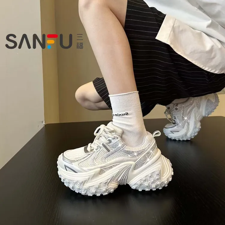 三福2025秋季新款小众ins水钻增高厚底老爹鞋女鞋休闲鞋运动鞋子
