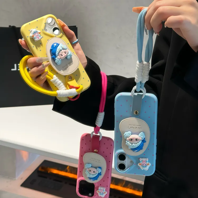 皮革卡通支架手绳适用苹果16/15promax手机壳13华为p70苹果14软套