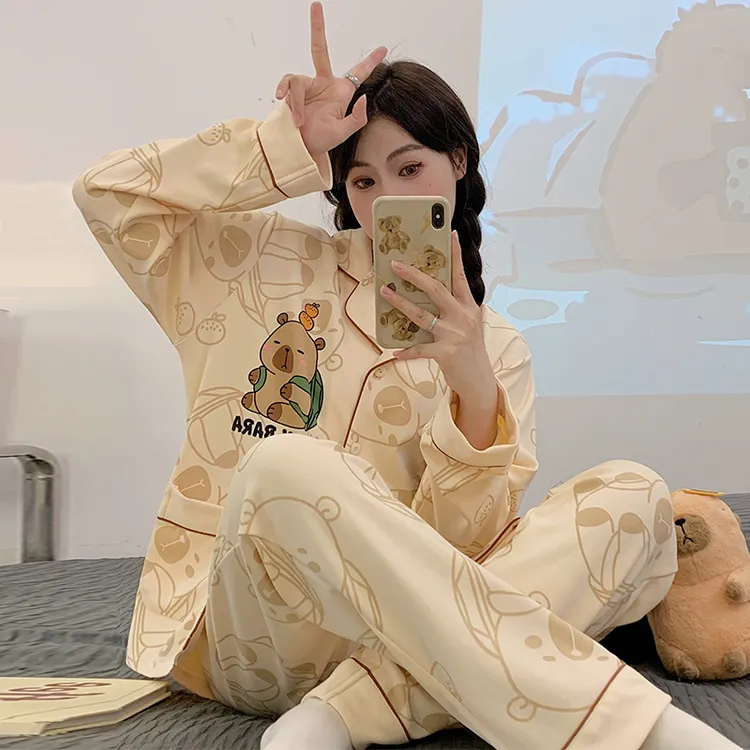 儿童睡衣春秋款纯棉长袖开衫卡皮巴拉中大女童秋季薄款女孩家居服