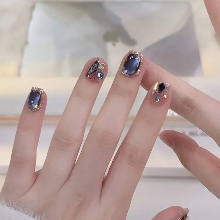 【冰川蓝蝶】冰川蓝玻璃珠猫眼美甲拼钻蝴蝶穿戴甲片2025新款高级感