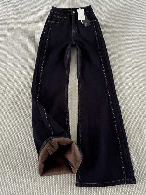 加绒加厚不贴腿微喇牛仔裤女冬季新款大码胖mm高腰显瘦宽松喇叭裤