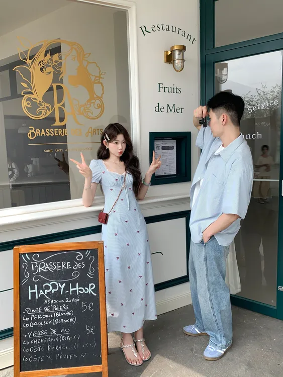 EIA一尧【喜欢请响铃】韩系情侣装连衣裙+衬衫条纹气质夏季一裙一衣