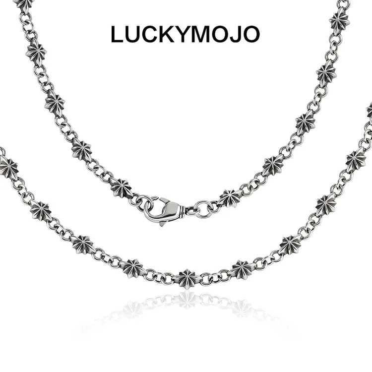 LUCKYMOJO 链子925银 欧美朋克做旧八芒星银项链男生