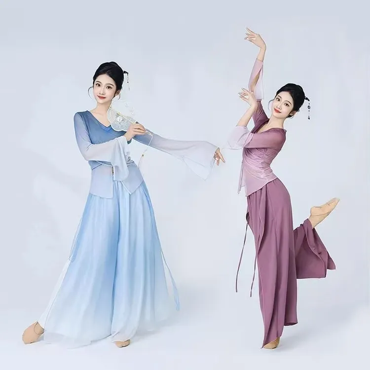 古典舞舞蹈纱衣修身显瘦艺考练功服身韵飘逸渐变大摆中国舞表演服