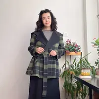 早秋新款宽松格子羊毛大衣西装长袖慵懒风毛呢外套28106