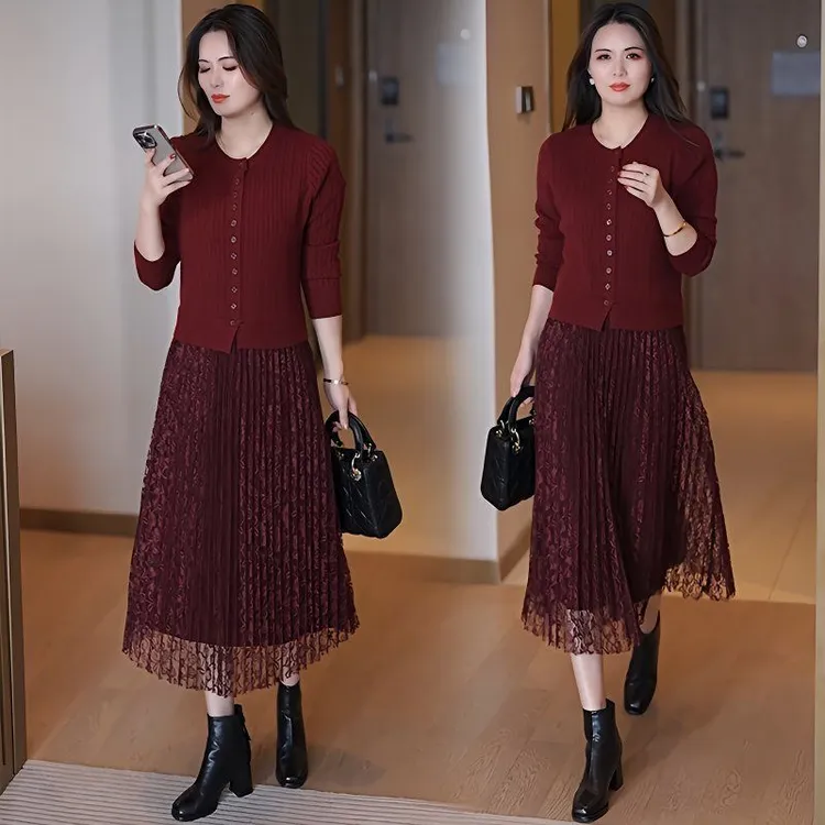 假两件套针织连衣裙女秋冬季新款配大衣拼接蕾丝A字毛衣裙长裙子