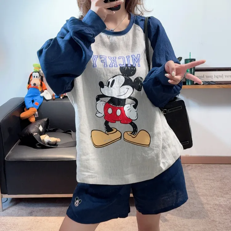 夏季新款超洋气藏青色插肩袖亚麻米奇休闲套装女宽松显瘦减龄