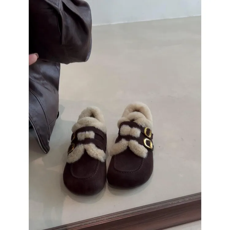 羊皮~2025秋冬新款真皮复古圆头加绒保暖毛毛厚底内增高勃肯鞋女