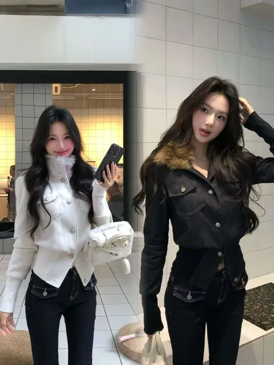 秋冬牛仔夹棉外套复古风立领女厚款毛领短外套防风街头风保暖长袖