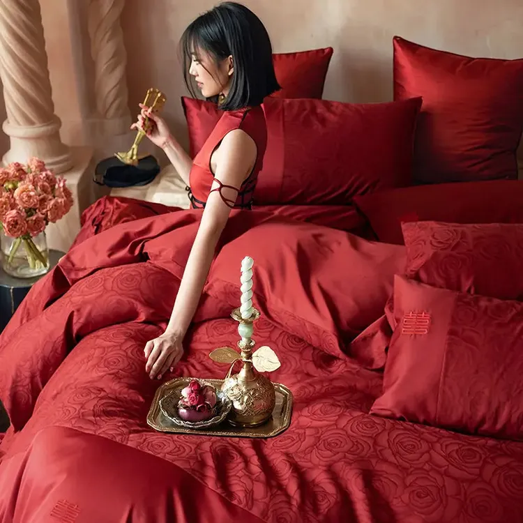 高端娜浪漫新提花婚庆四件套红色刺绣喜被套结婚喜庆被罩床上用07