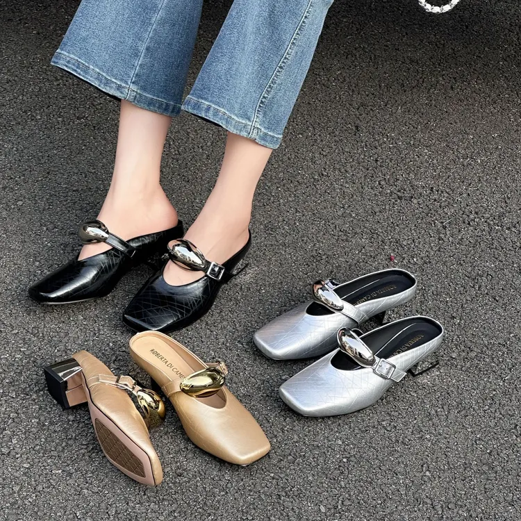 夏季新款真皮半拖女鞋2025年百搭方头潮流跟鞋时尚百搭潮鞋8280-1