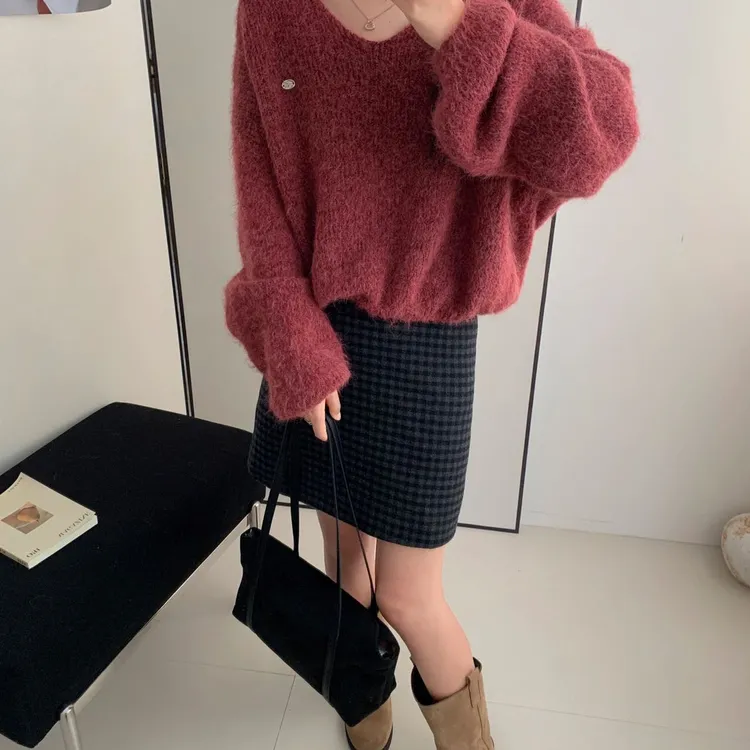 慵懒风宽松v领毛茸茸针织衫女装韩版百搭设计感毛衣短款长袖上衣