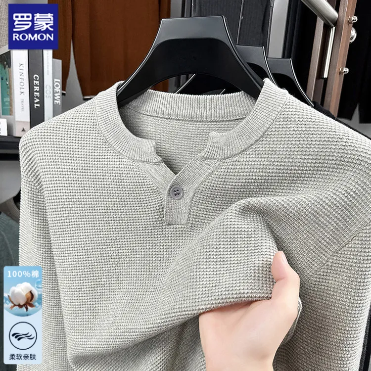 罗蒙秋季新款男士长袖针织衫中老年爸爸日常休闲亨利领纯棉毛衣男